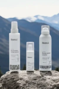 Produits Hodygé pour peau sèche et visage déshydraté présentés en environnement naturel