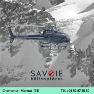 vol d'hélicoptère sur le Mont-Blanc et logo Savoie Hélicoptère