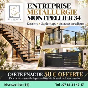 Bannière de TCS Design, entreprise de métallurgie à Montpellier (34), présentant escaliers, garde-corps et ouvrages métalliques