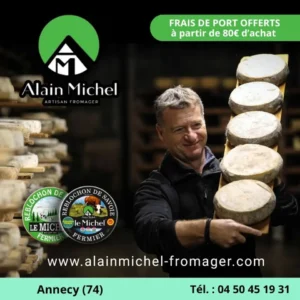 Alain Michel tenant un plateau de cinq fromages ronds, et logo Alain Michel