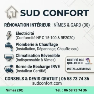 Bannière Sud Confort Nîmes : expert en rénovation intérieure, électricité, plomberie, climatisation et bornes IRVE